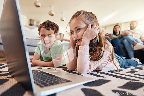 Image of Laptop, floor or children with parents relaxing on sofa for online education, cartoon video subscription or watch movies. Happy kids on carpet, computer or streaming film together with family at home