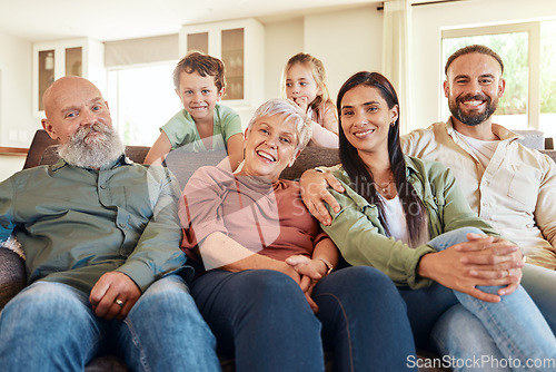 Image of Portrait, love and family on couch, smile and bonding on weekend break, cheerful and relax in living room. Face, grandparents and mother with father, children and siblings on sofa, rest and joyful