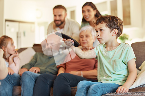 Image of Grandparents, family tv and children in a home living room streaming a web series together. Senior people, kids and television remote watching a video on a lounge couch with a child film and movie