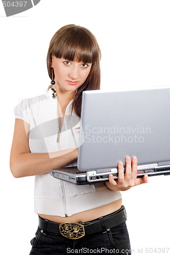 Image of Young businesswoman with laptop over white