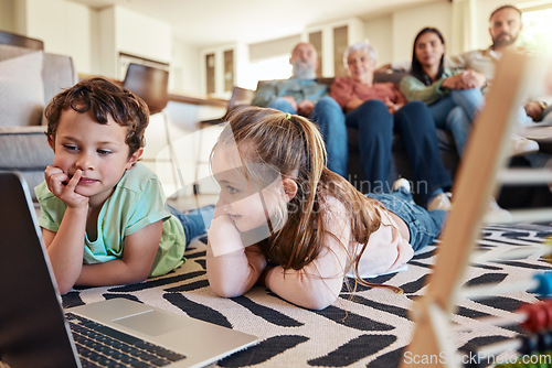 Image of Laptop, floor and children with family relaxing on sofa for online education, home development and watch movies together. Happy kids on carpet with computer and grandparents on couch for holiday film