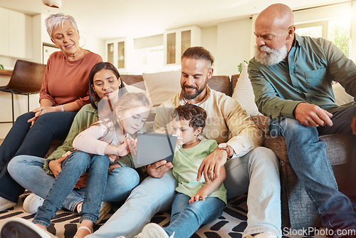 Image of Love, home and family on a couch, tablet and streaming movies on break, weekend and relax together. Grandparents, mother or father with children, siblings or kids in lounge, social media and chilling