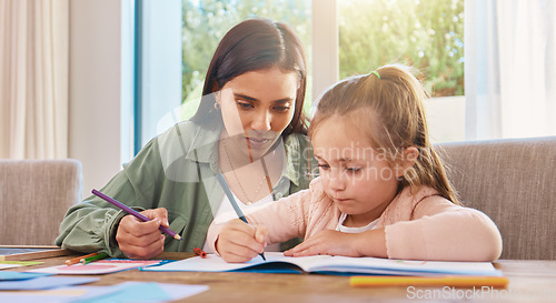 Image of Education, mother and girl with homework, writing and lesson at home, focus and learning. Family, parents and mama with female child, daughter and happy kid with notes, fun or growth with development