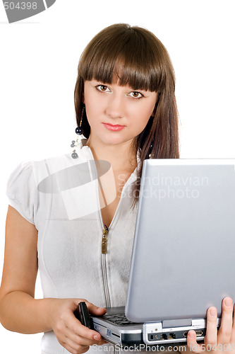 Image of Portrait of  the businesswoman with laptop over white