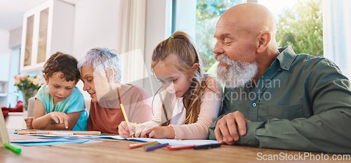 Image of Family, homework and education with children writing, learning or drawing with colors and grandparents. Kids, school or study with kids, senior man and woman in their home for growth or development