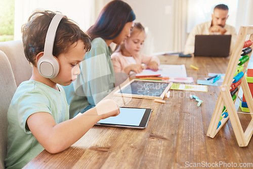 Image of Tablet, headphones and children for online learning, education and parents support on home school app. Writing, teaching and parents or people with kids on digital tech, elearning audio and internet