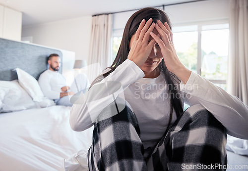 Image of Couple, divorce or fight in bedroom depression, argument or disagreement in toxic relationship at home. Frustrated woman in unhappy marriage, cheating man or conflict on bed after breakup indoors