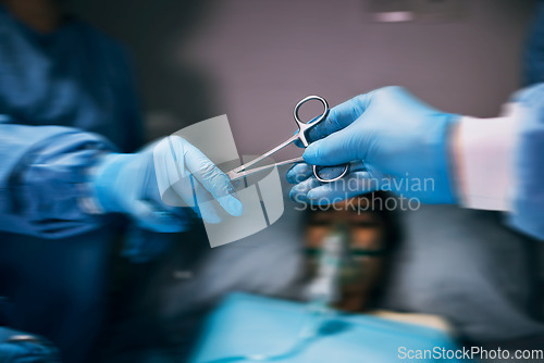 Image of Hospital scissors, surgery and doctors hands in theatre for medical support, teamwork or patient with healthcare zoom. Doctor, nurse or surgeon team work, giving tools and helping in operating room