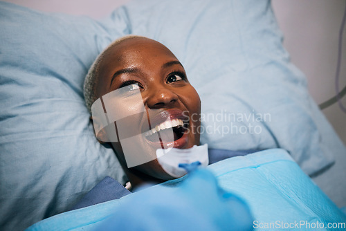 Image of Dental, patient and black woman in a bed, healthcare and success with surgery, procedure or treatment. Female, lady and person with smile, recovery or oral mould for mouth, disease or joy in hospital