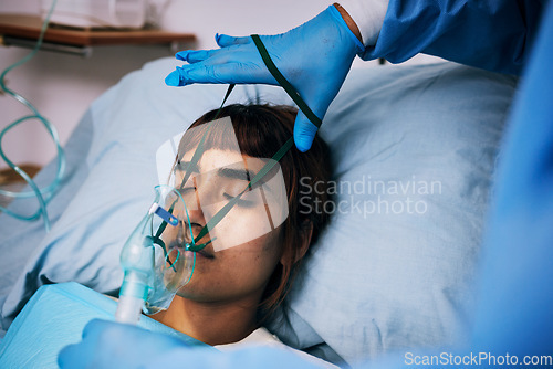 Image of Recovery, patient and woman in bed, oxygen and healthcare problem with breathing issue, anesthesia and sick. Female person, lady and model with medical equipment, disease and illness in clinic