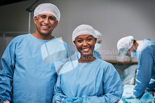 Image of Theatre, portrait and happy doctors in hospital teamwork, leadership and medical surgery with internship opportunity. Face of expert surgeon, healthcare woman or people in operating room or theater