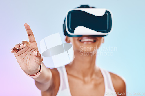 Image of VR, hand interaction and woman isolated on gradient background metaverse, futuristic or 3d user experience. Virtual reality, high tech and happy person press for digital world or software in studio