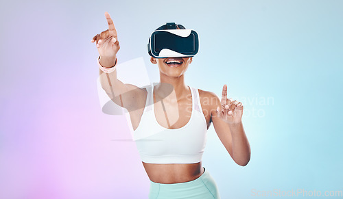 Image of VR, glasses and fitness woman isolated on studio, gradient background metaverse, futuristic or 3d user experience. Virtual reality, high tech and happy person press online, digital world or esports