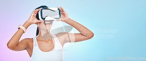 Image of VR, glasses and happy woman isolated on studio, gradient background metaverse, high tech and digital world mockup. Virtual reality, wow and vision of person with 3d user experience, software and neon