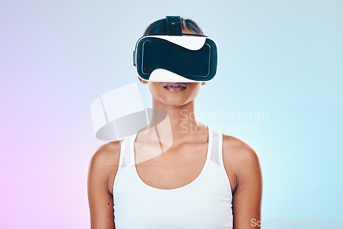 Image of Virtual reality, glasses and woman vision isolated on studio, gradient background for metaverse, high tech or cyber gaming. VR, digital world and young person in 3d user experience or online software