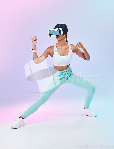 Image of Fitness, VR glasses and woman isolated on gradient background for metaverse fight, gaming and sports training. Virtual reality, online vision and action 3d boxer or person body, workout competition