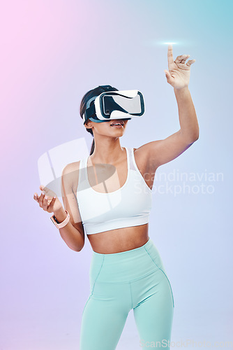 Image of VR, glasses, fitness and woman touch hologram isolated on gradient background for metaverse or 3d user experience. Virtual reality, holographic and exercise or workout person press in digital studio