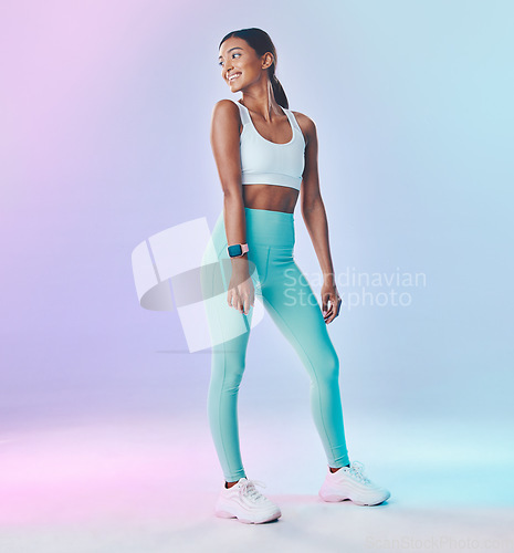 Image of Fitness, wellness and woman in sports fashion feeling excited for exercise, workout or training isolated in a studio background. Health, happy and female model or athlete ready with active style