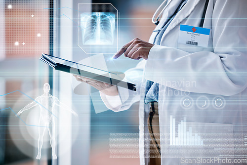 Image of Doctor, woman with tablet in hands and hologram with medical data, anatomy and lung x ray with overlay. Technology research in healthcare, futuristic and analytics with person and wireless tech