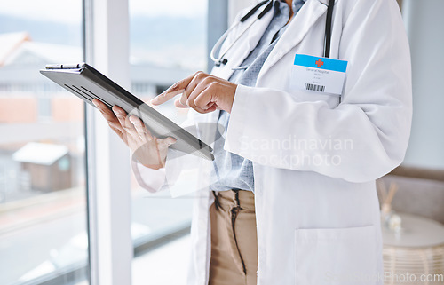 Image of Doctor, woman with tablet in hands and digital medical results with hospital schedule and healthcare info online. Female physician, health insurance and professional in medicine with technology