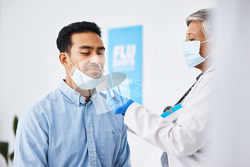 Image of Doctor, patient and covid test, healthcare and virus with medical consultation at hospital and health insurance. Cotton swab in nose, mask and PCR at clinic, man and woman physician check for corona