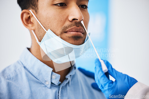 Image of Doctor, patient and covid nose test, healthcare and virus with medical consultation at hospital and health insurance. Cotton swab for face with PCR at clinic, Asian man and physician check for corona