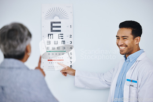 Image of Eye exam, doctor and patient with vision and chart for reading, healthcare and check eyesight with health insurance. Happy man optometrist, woman and medical consultation with ophthalmology at clinic