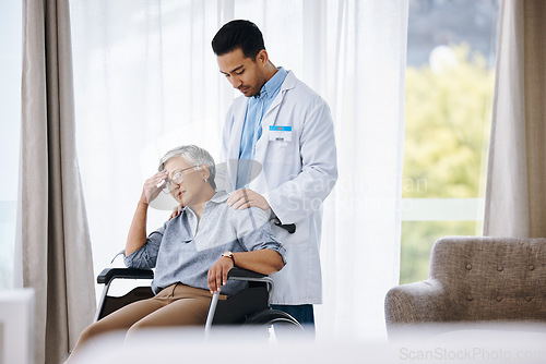 Image of Stress, woman in a wheelchair and doctor talking to patient, recovery and depression. Female person with injury, male employee and medical professional support lady, disability and comfort in office