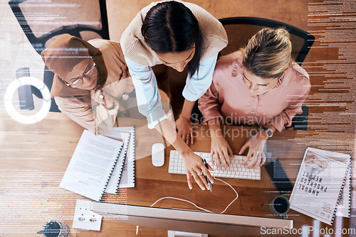 Image of Teamwork, computer and overlay with business women in office for planning, review and website. Coaching, idea and technology with people in startup agency for feedback, training and review