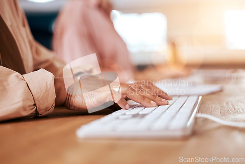 Image of Business woman, hands and computer typing for network update, online insight and internet in office. Closeup of employee, desktop keyboard and research on technology, data planning and administration