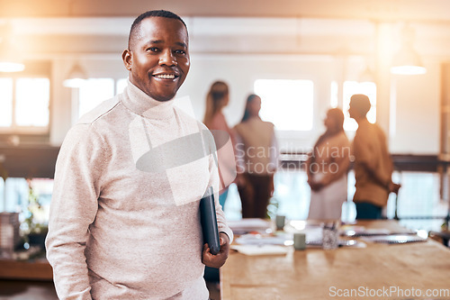 Image of Business, portrait and happy black man in busy office for management, motivation and commitment to company. Male manager, leadership and smile with confidence, happiness and entrepreneur in agency
