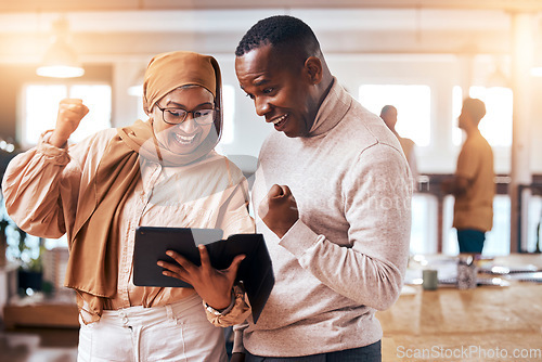 Image of Success, happy and employees trading with tablet, stock market win and excited about a deal. Cheering, diversity and man and woman happy about business opportunity and competition celebration on tech