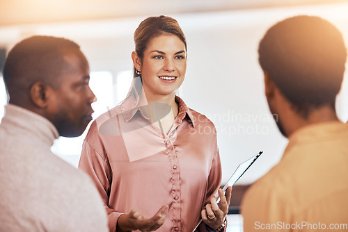 Image of Planning, teamwork and business people in meeting for career, project tor company startup collaboration and talking. Happy woman or manager with diversity team for feedback, conversation or listening