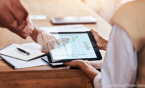 Image of Business people, hands and tablet pointing to data, graph or chart for analytics or corporate statistics at office. Hand of marketing team in analysis looking at company profit, margin or increase