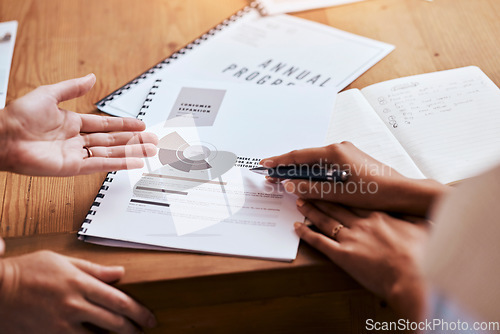 Image of Marketing report, talking and hands of business people in a meeting for a strategy and company growth. Advice, speaking and employees with communication about a document for agency sales at work