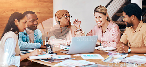 Image of Diversity, finance and business people laughing, talking or planning startup company data or paperwork. Meeting, discussion and group of employees, team or colleagues brainstorming for teamwork