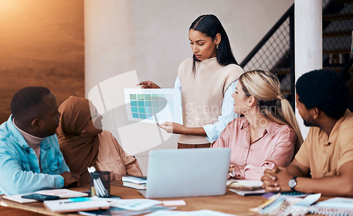 Image of Graphs, strategy and business woman in a presentation talking and planning startup company data analytics. Diversity, discussion and group of people, team or employees brainstorming accounting