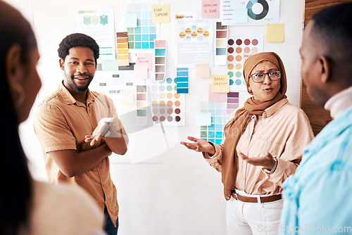 Image of Planning, collaboration and presentation with business partners talking to their team in the office. Creative, strategy and teamwork with a female manager teaching or coaching an employee group