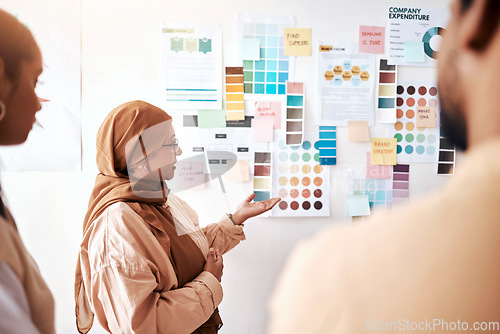 Image of Planning, collaboration and presentation with a business muslim woman talking to her team in the office. Creative, strategy and teamwork with a female manager teaching or coaching an employee group