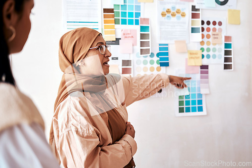 Image of Strategy, collaboration and presentation with a business muslim woman talking to her team in the office. Creative, planning and teamwork with a female manager teaching or coaching an employee group