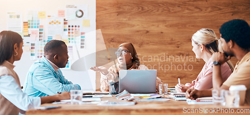 Image of Meeting, collaboration and training with a woman manager talking to her team in the boardroom for planning. Teamwork, strategy and development with a mature muslim employee coaching her staff at work