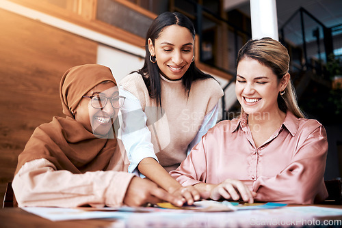 Image of Business, women and documents for teamwork, happy planning and management in company. Diversity, group and female employees in collaboration with paperwork for strategy, analysis or meeting in office