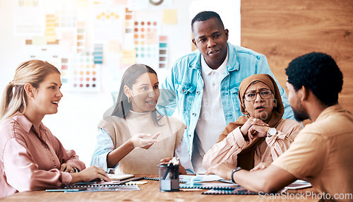 Image of Creative business people, meeting and collaboration in planning, teamwork or project design at office. Group of employee designers in team brainstorming, discussion or sharing ideas for startup