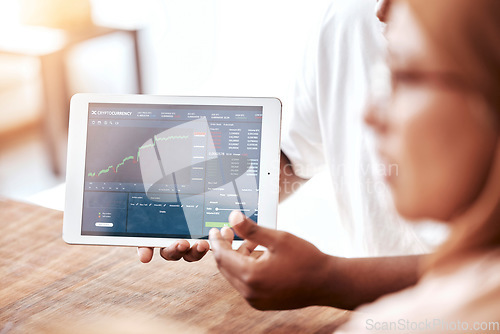 Image of Business people, hands and tablet for stock market, trading or financial graph, chart or data in profit. Hand of trader, broker or finance advisor showing increase of investments on technology