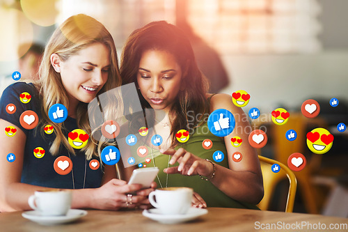 Image of Cafe, social media icon or friends with phone for communication, text post or online dating chat. Coffee, girls or happy women on mobile app website or digital network with smile, like or heart emoji