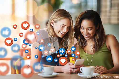 Image of Cafe, social media icon or women with phone for communication, text post or online dating chat. Coffee, girls or happy friends on mobile app website or digital network with smile, like or heart emoji