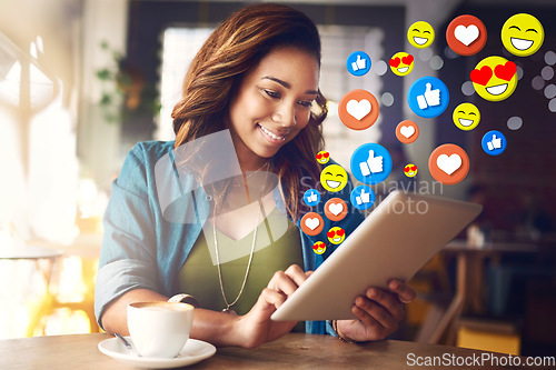 Image of Cafe social media icon or black woman with a tablet for communication, chat texting or online dating. Coffee shop, like overlay or happy girl on app or website or digital network with heart emojis