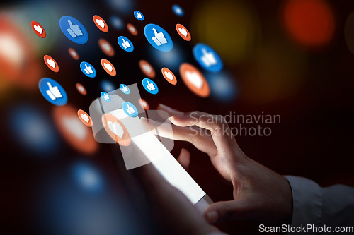 Image of Night, social media icon or girl with a phone for communication, texting for online dating. Like, love emojis overlay or hands of woman on mobile app screen, chat website or digital network closeup