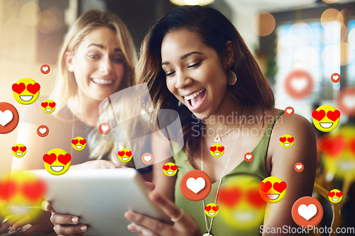 Image of Happy, online dating icon or friends with tablet for communication or social media texting together. Smile, girls or excited friends on fun website or digital network with love, like or heart emoji