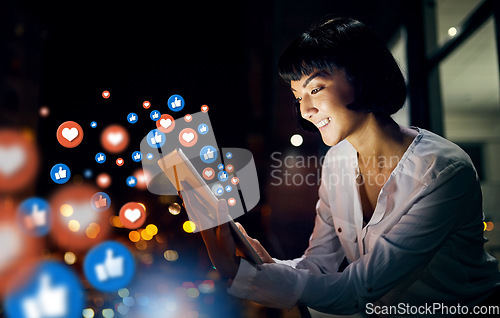 Image of Night, social media icons or happy woman with a tablet for communication, texting or online dating. Smile, love overlay or relaxed girl typing on chat website or digital network with heart emoticons